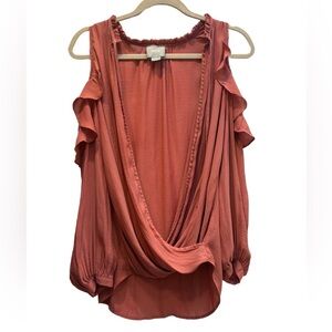Anthropologie Maeve Long sleeve Cold shoulder wrap blouse in coral, size XS